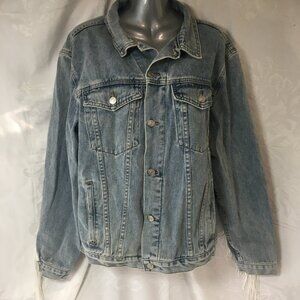 Justalwart Designed Size Large Men's Faded Jean Denim Jacket White Fringe 9441